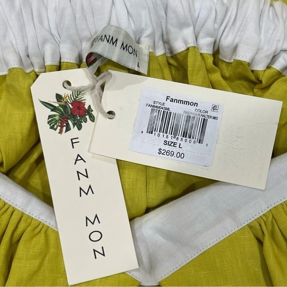 Fanm Mon Yamile 100% Linen Floral Embroidered Halter Midi Dress Mustard Lime NWT